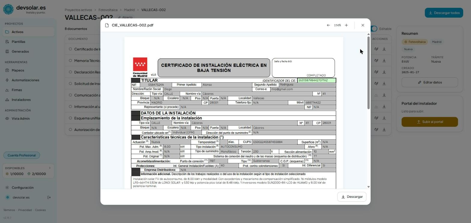 Un certificado de instalación eléctrica generado