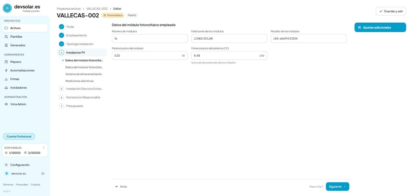 Paso 4, módulos con la potencia pico calculada