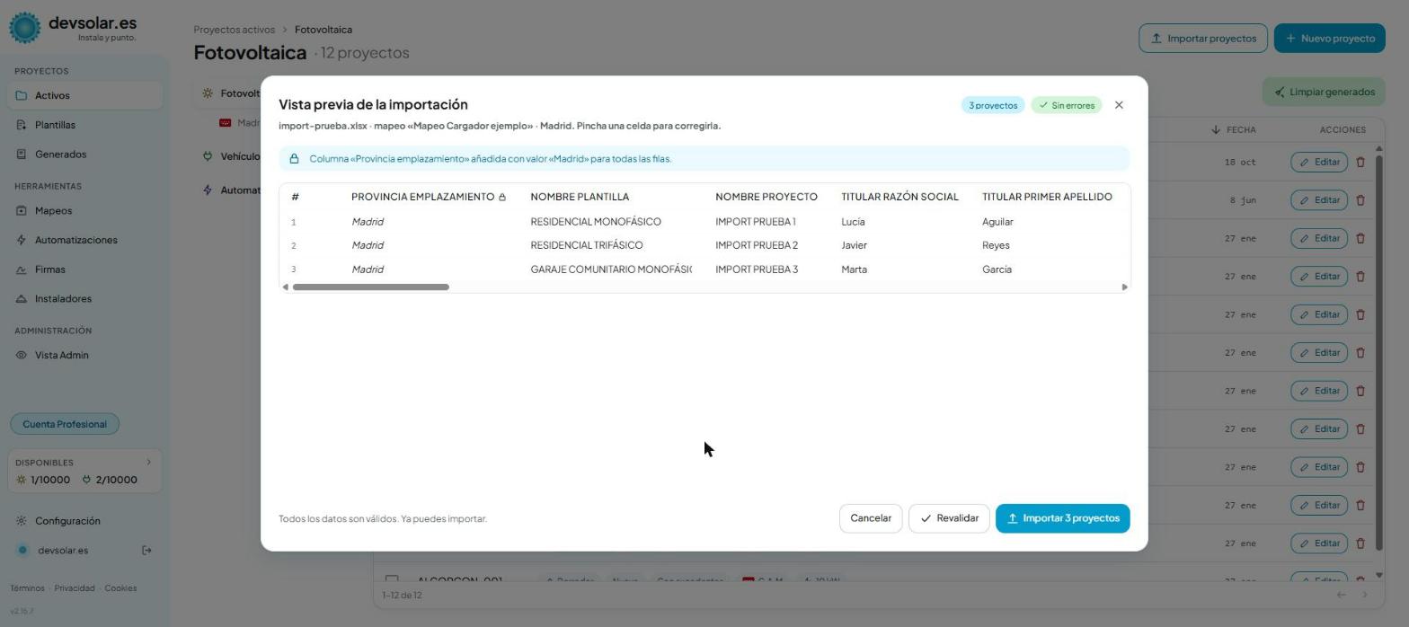 La vista previa, con las filas leídas y el resultado de la validación