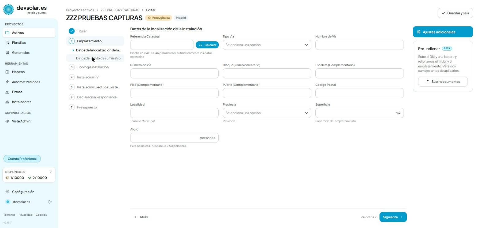 El panel de pre-rellenado al crear un proyecto