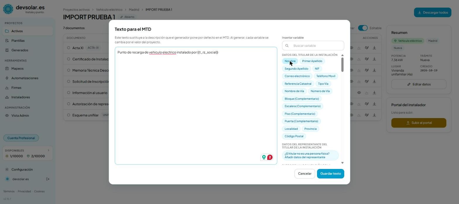 El editor de texto personalizado con el selector de variables